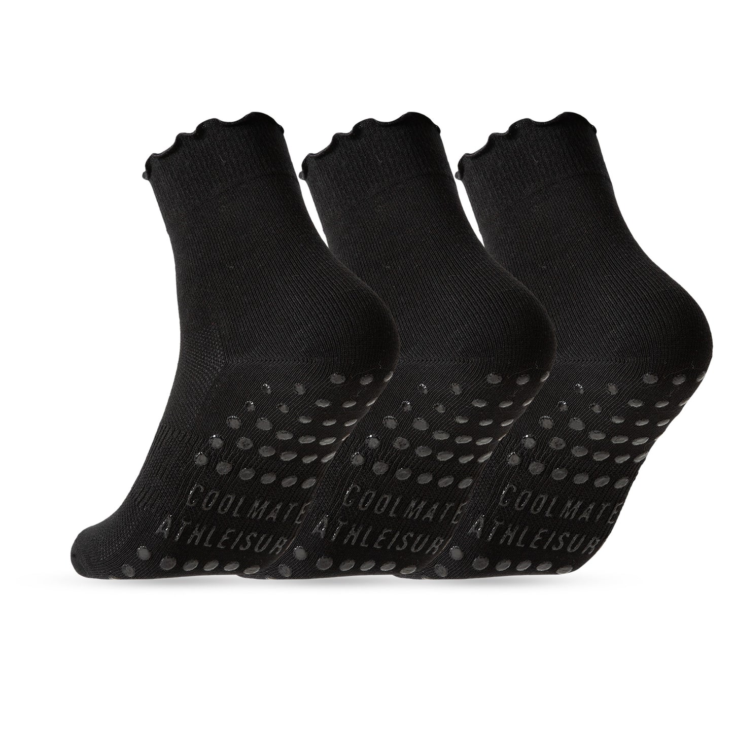 CoolMate Pilates Socks with Grips for Women, Yoga Socks, Crew Non Slip Women for Barre, Pilates Gifts (US, Numeric, 6, 10, Regular, Regular, A-06k. 3 Pairs Black Ruffle)