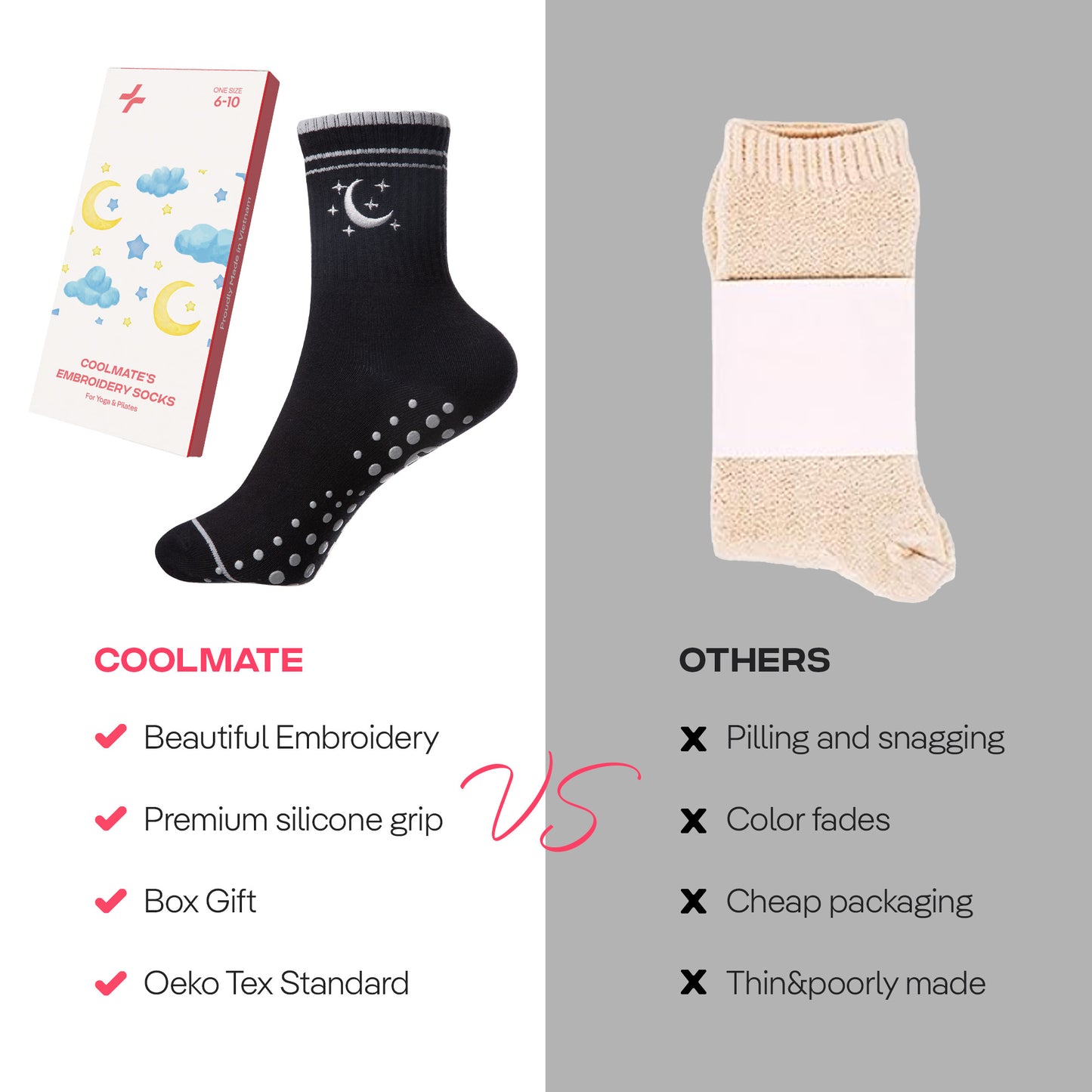 CoolMate Pilates Socks with Grips for Women, Yoga Socks, Crew Non Slip Women for Barre, Pilates Gifts (US, Numeric, 6, 10, Regular, Regular, E-13. 2 Pairs Moon Star Black/White)
