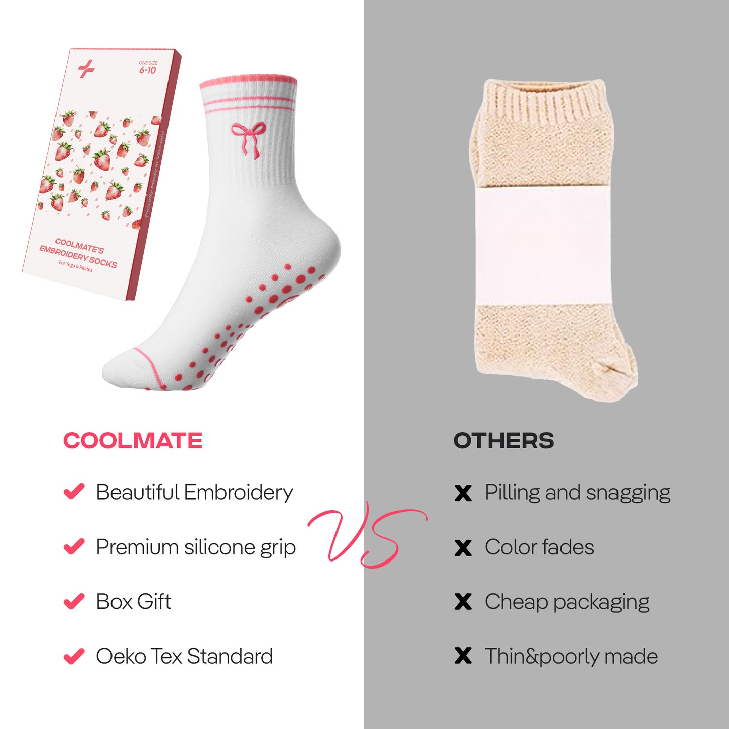 CoolMate Pilates Socks with Grips for Women, Yoga Socks, Crew Non Slip Women for Barre, Pilates Gifts (US, Numeric, 6, 10, Regular, Regular, E-15. 1 Pair Bow Tie)