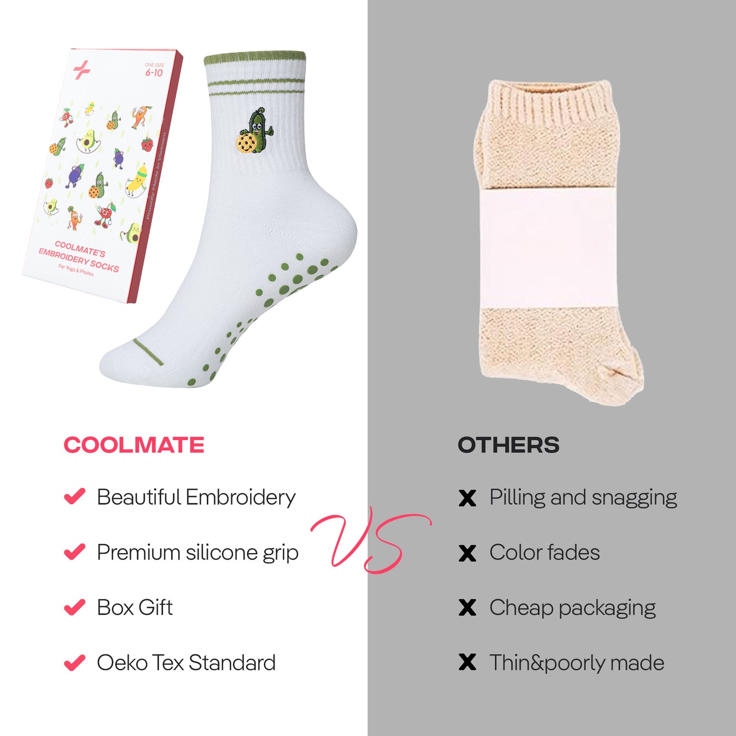CoolMate Pilates Socks with Grips for Women, Yoga Socks, Crew Non Slip Women for Barre, Pilates Gifts (US, Numeric, 6, 10, Regular, Regular, E-04. 1 Pair Pickleball)