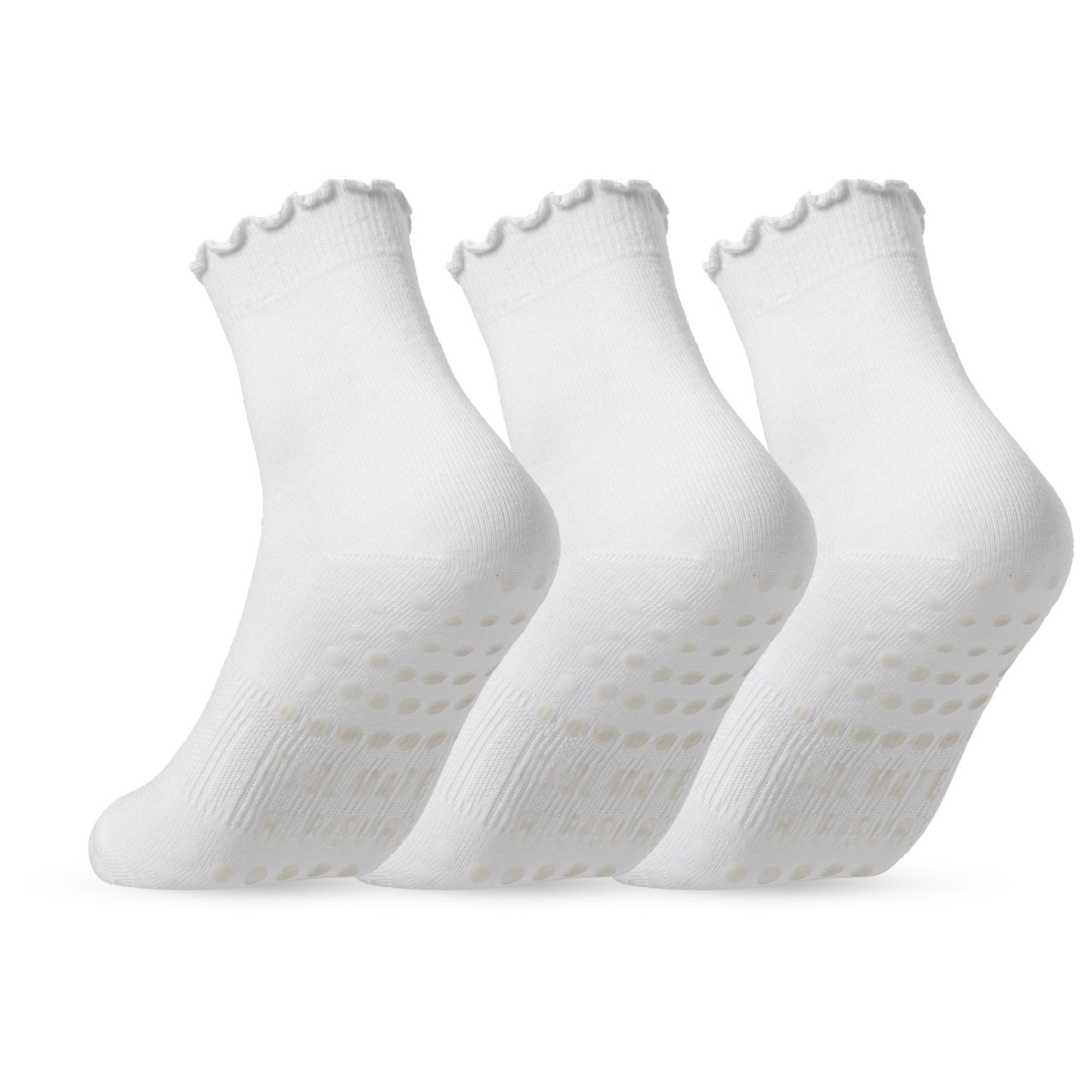 CoolMate Pilates Socks with Grips for Women, Yoga Socks, Crew Non Slip Women for Barre, Pilates Gifts (US, Numeric, 6, 10, Regular, Regular, A-06c. 3 Pairs Ruffle White)