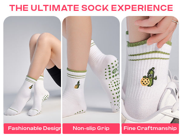 CoolMate Pilates Socks with Grips for Women, Yoga Socks, Crew Non Slip Women for Barre, Pilates Gifts (US, Numeric, 6, 10, Regular, Regular, E-04. 1 Pair Pickleball)