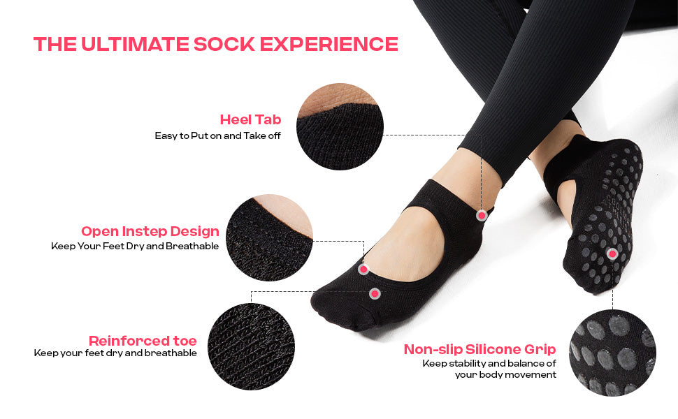 CoolMate Pilates Socks with Grips for Women, Yoga Socks, Crew Non Slip Women for Barre, Pilates Gifts (US, Numeric, 6, 10, Regular, Regular, A-07c. 2 Pairs Black)