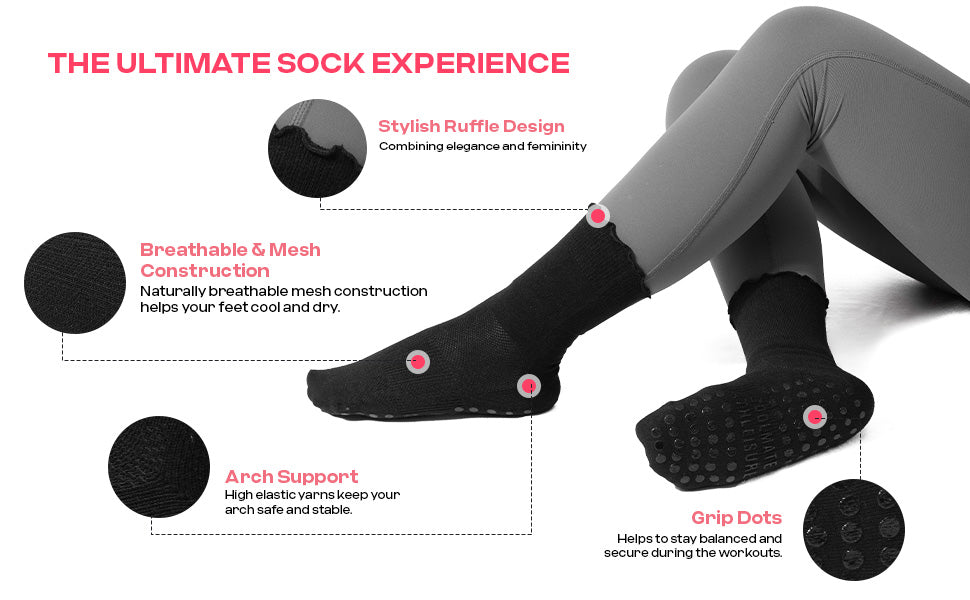 CoolMate Pilates Socks with Grips for Women, Yoga Socks, Crew Non Slip Women for Barre, Pilates Gifts (US, Numeric, 6, 10, Regular, Regular, A-06b. 2 Pairs Ruffle Black)