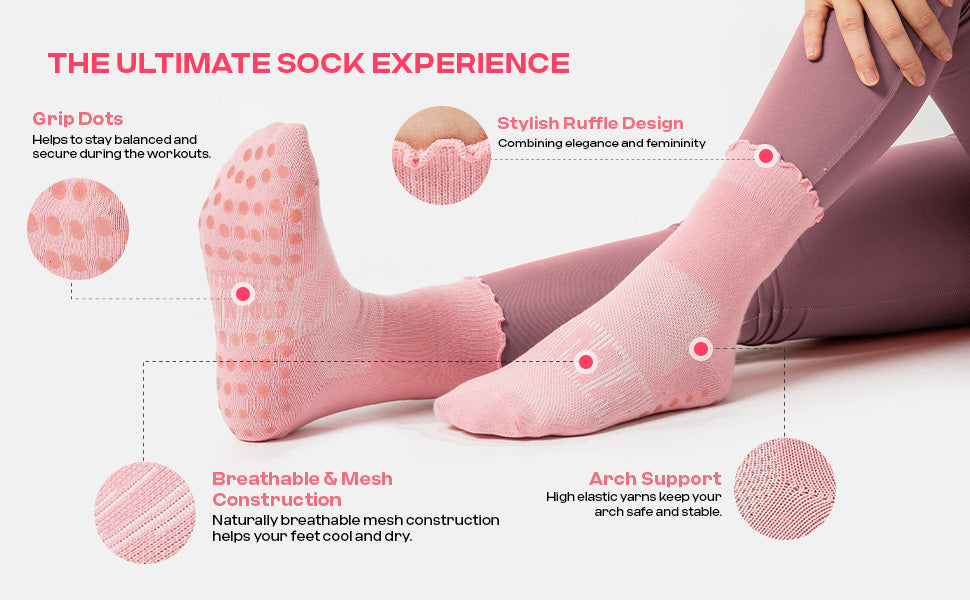 CoolMate Pilates Socks with Grips for Women, Yoga Socks, Crew Non Slip Women for Barre, Pilates Gifts (US, Numeric, 6, 10, Regular, Regular, A-06j. 4 Pairs Black/White/Light Purple/Pink Ruffle)