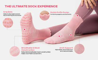 CoolMate Pilates Socks with Grips for Women, Yoga Socks, Crew Non Slip Women for Barre, Pilates Gifts (US, Numeric, 6, 10, Regular, Regular, A-06j. 4 Pairs Black/White/Light Purple/Pink Ruffle)