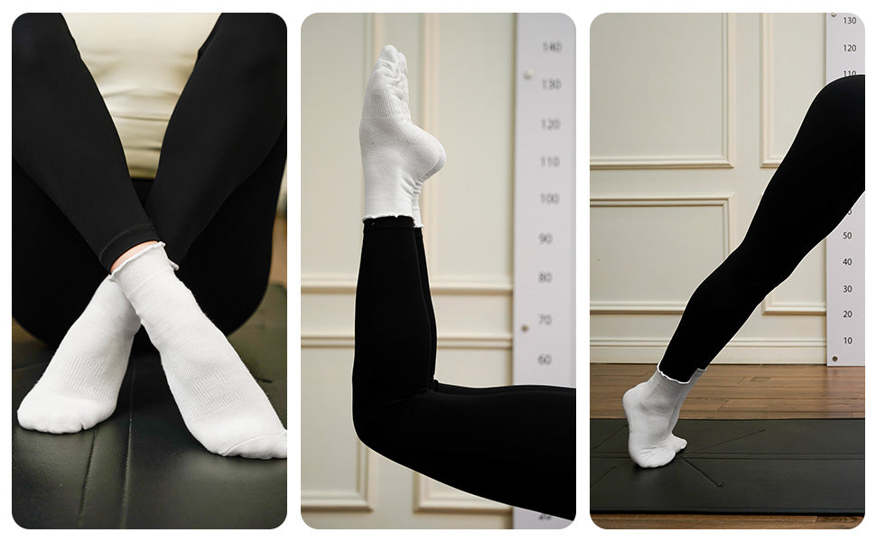 CoolMate Pilates Socks with Grips for Women, Yoga Socks, Crew Non Slip Women for Barre, Pilates Gifts (US, Numeric, 6, 10, Regular, Regular, A-06a. 2 Pairs Cute Ruffle)