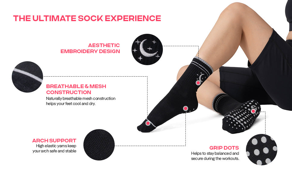 CoolMate Pilates Socks with Grips for Women, Yoga Socks, Crew Non Slip Women for Barre, Pilates Gifts (US, Numeric, 6, 10, Regular, Regular, E-13. 2 Pairs Moon Star Black/White)