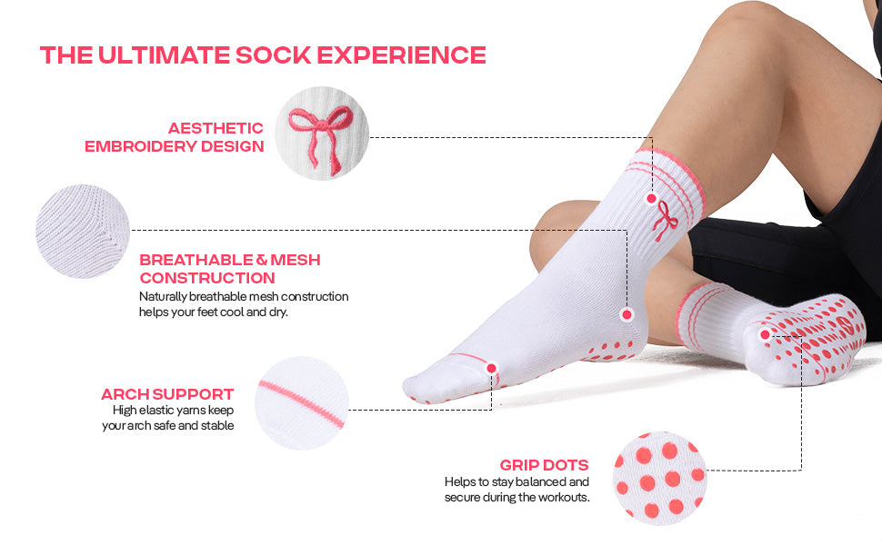 CoolMate Pilates Socks with Grips for Women, Yoga Socks, Crew Non Slip Women for Barre, Pilates Gifts (US, Numeric, 6, 10, Regular, Regular, E-15. 1 Pair Bow Tie)