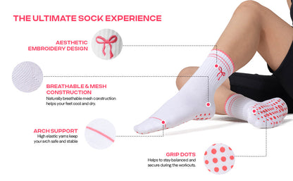 CoolMate Pilates Socks with Grips for Women, Yoga Socks, Crew Non Slip Women for Barre, Pilates Gifts (US, Numeric, 6, 10, Regular, Regular, E-15. 1 Pair Bow Tie)