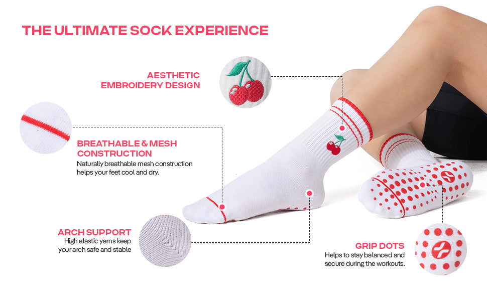 CoolMate Pilates Socks with Grips for Women, Yoga Socks, Crew Non Slip Women for Barre, Pilates Gifts (US, Numeric, 6, 10, Regular, Regular, E-10. 2 Pairs Cherry/Strawberry)