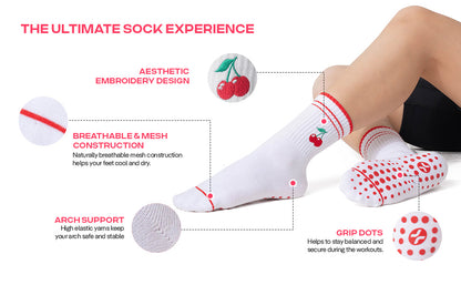 CoolMate Pilates Socks with Grips for Women, Yoga Socks, Crew Non Slip Women for Barre, Pilates Gifts (US, Numeric, 6, 10, Regular, Regular, E-10. 2 Pairs Cherry/Strawberry)