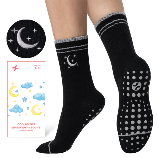 CoolMate Pilates Socks with Grips for Women, Yoga Socks, Crew Non Slip Women for Barre, Pilates Gifts (US, Numeric, 6, 10, Regular, Regular, E-18. 1 Pair Moon Star Black)