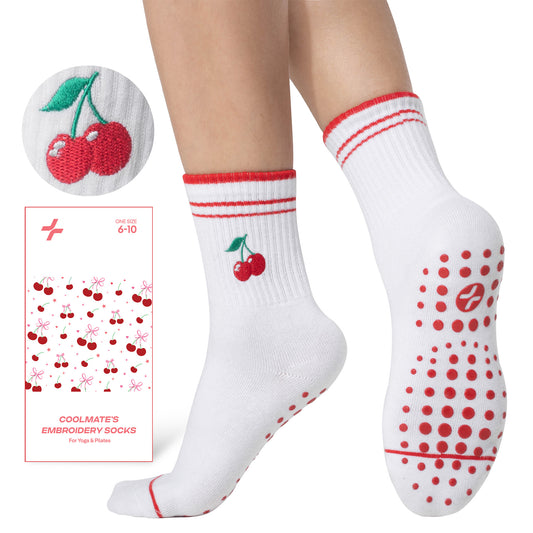 CoolMate Pilates Socks with Grips for Women, Yoga Socks, Crew Non Slip Women for Barre, Pilates Gifts (US, Numeric, 6, 10, Regular, Regular, E-17. 1 Pair Cherry)