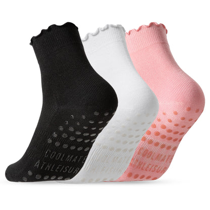 CoolMate Pilates Socks with Grips for Women, Yoga Socks, Crew Non Slip Women for Barre, Pilates Gifts (US, Numeric, 6, 10, Regular, Regular, A-06i. 3 Pairs Black/White/Pink Ruffle)
