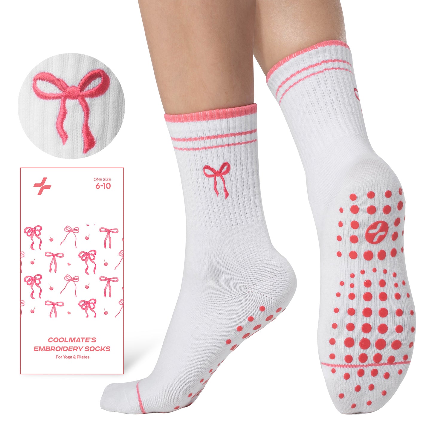 CoolMate Pilates Socks with Grips for Women, Yoga Socks, Crew Non Slip Women for Barre, Pilates Gifts (US, Numeric, 6, 10, Regular, Regular, E-15. 1 Pair Bow Tie)