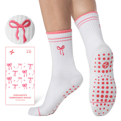 CoolMate Pilates Socks with Grips for Women, Yoga Socks, Crew Non Slip Women for Barre, Pilates Gifts (US, Numeric, 6, 10, Regular, Regular, E-15. 1 Pair Bow Tie)