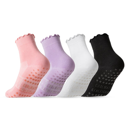 CoolMate Pilates Socks with Grips for Women, Yoga Socks, Crew Non Slip Women for Barre, Pilates Gifts (US, Numeric, 6, 10, Regular, Regular, A-06j. 4 Pairs Black/White/Light Purple/Pink Ruffle)