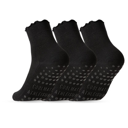 CoolMate Pilates Socks with Grips for Women, Yoga Socks, Crew Non Slip Women for Barre, Pilates Gifts (US, Numeric, 6, 10, Regular, Regular, A-06k. 3 Pairs Black Ruffle)
