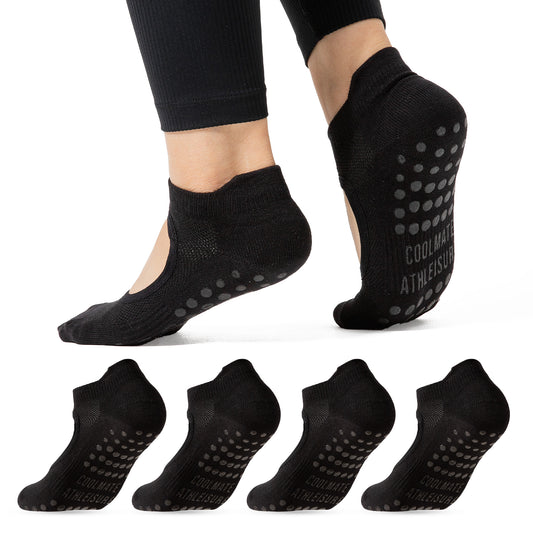 CoolMate Pilates Socks with Grips for Women, Yoga Socks, Crew Non Slip Women for Barre, Pilates Gifts (US, Numeric, 6, 10, Regular, Regular, A-07a. 4 Pairs Open Top Black)
