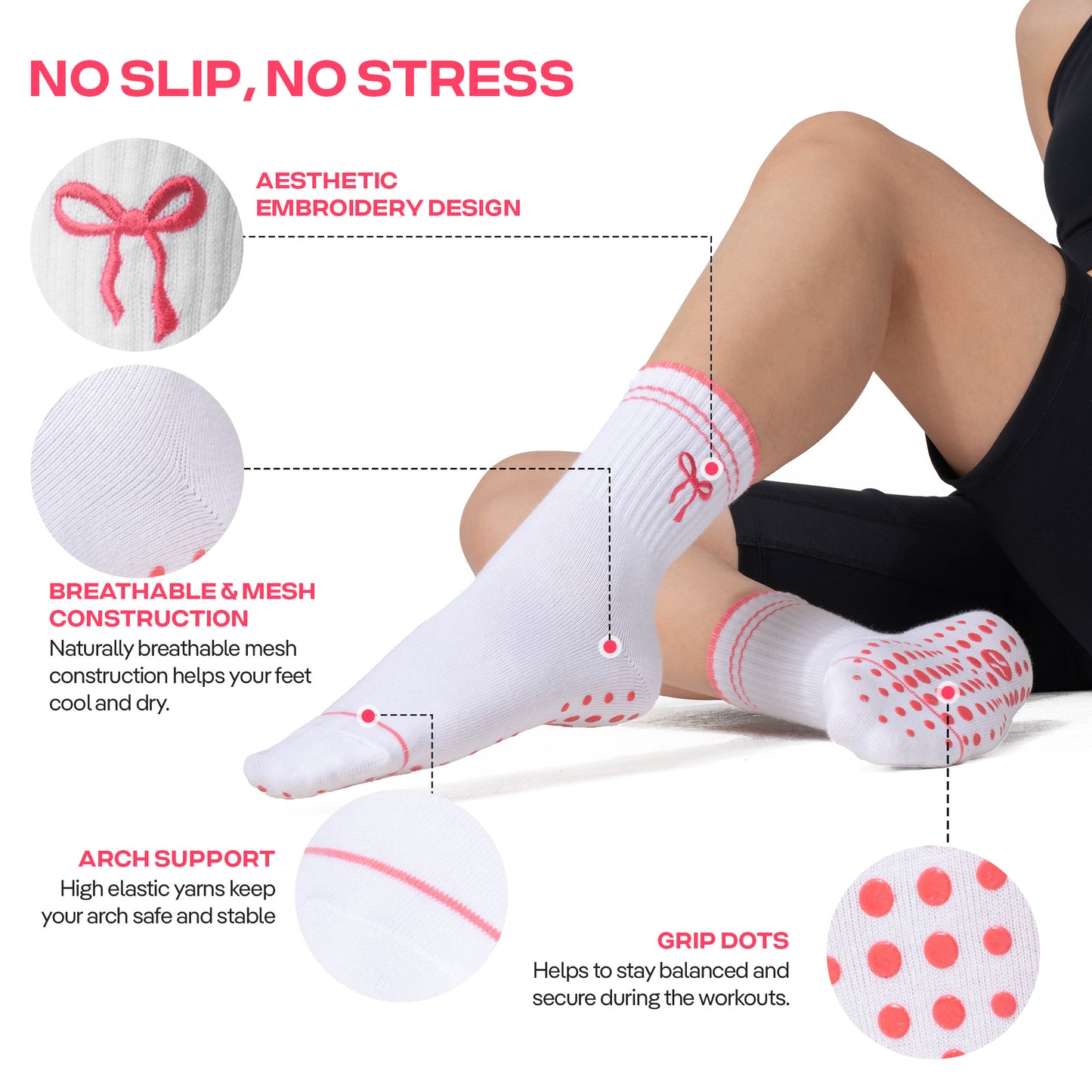 CoolMate Pilates Socks with Grips for Women, Yoga Socks, Crew Non Slip Women for Barre, Pilates Gifts (US, Numeric, 6, 10, Regular, Regular, E-15. 1 Pair Bow Tie)