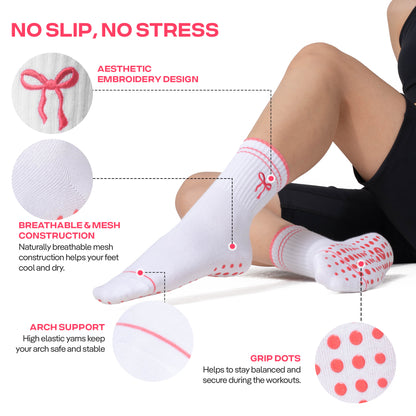 CoolMate Pilates Socks with Grips for Women, Yoga Socks, Crew Non Slip Women for Barre, Pilates Gifts (US, Numeric, 6, 10, Regular, Regular, E-15. 1 Pair Bow Tie)