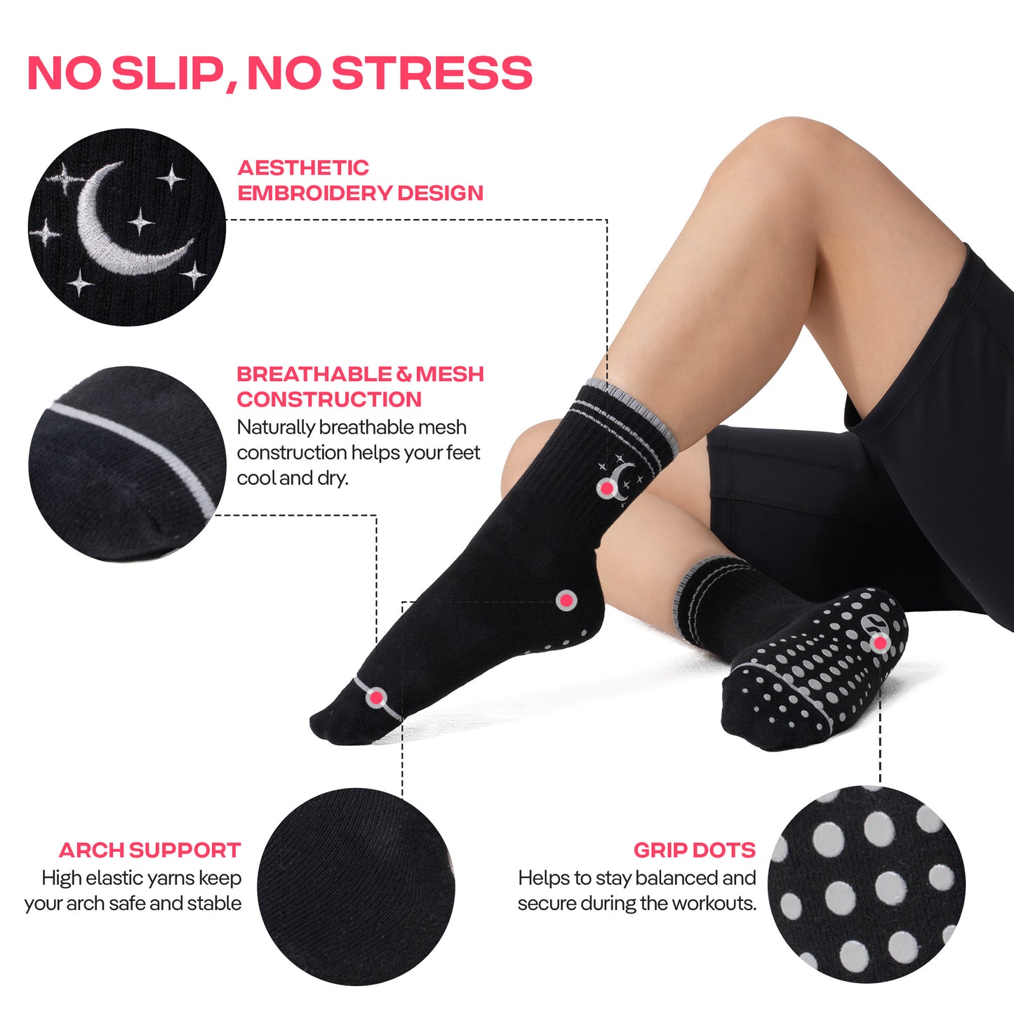 CoolMate Pilates Socks with Grips for Women, Yoga Socks, Crew Non Slip Women for Barre, Pilates Gifts (US, Numeric, 6, 10, Regular, Regular, E-13. 2 Pairs Moon Star Black/White)
