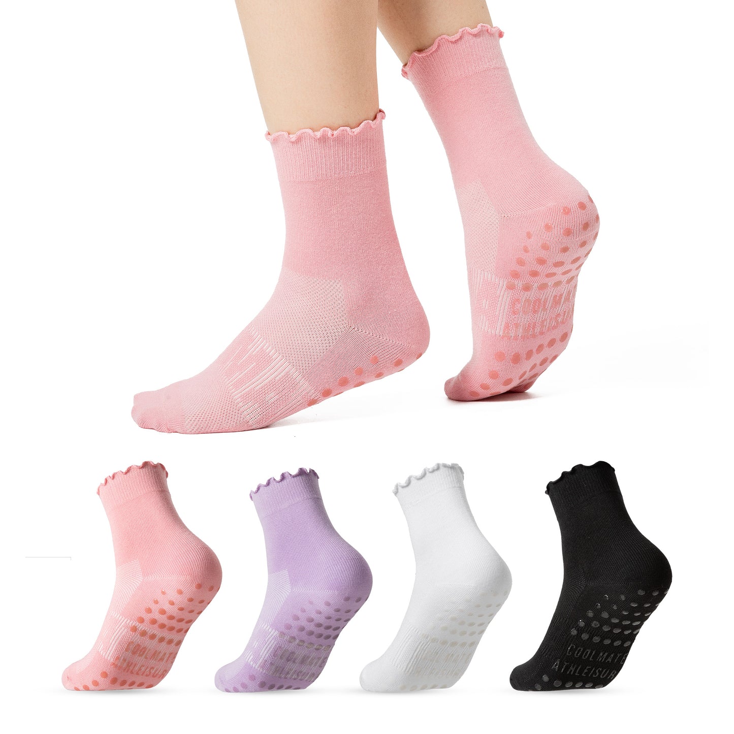 CoolMate Pilates Socks with Grips for Women, Yoga Socks, Crew Non Slip Women for Barre, Pilates Gifts (US, Numeric, 6, 10, Regular, Regular, A-06j. 4 Pairs Black/White/Light Purple/Pink Ruffle)
