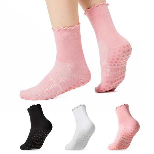 CoolMate Pilates Socks with Grips for Women, Yoga Socks, Crew Non Slip Women for Barre, Pilates Gifts (US, Numeric, 6, 10, Regular, Regular, A-06i. 3 Pairs Black/White/Pink Ruffle)