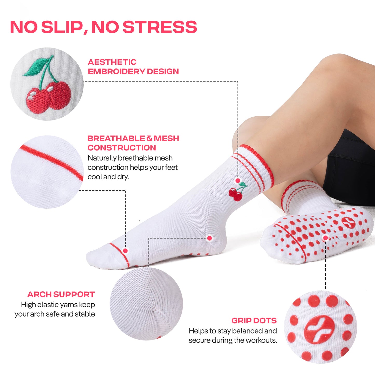 CoolMate Pilates Socks with Grips for Women, Yoga Socks, Crew Non Slip Women for Barre, Pilates Gifts (US, Numeric, 6, 10, Regular, Regular, E-10. 2 Pairs Cherry/Strawberry)