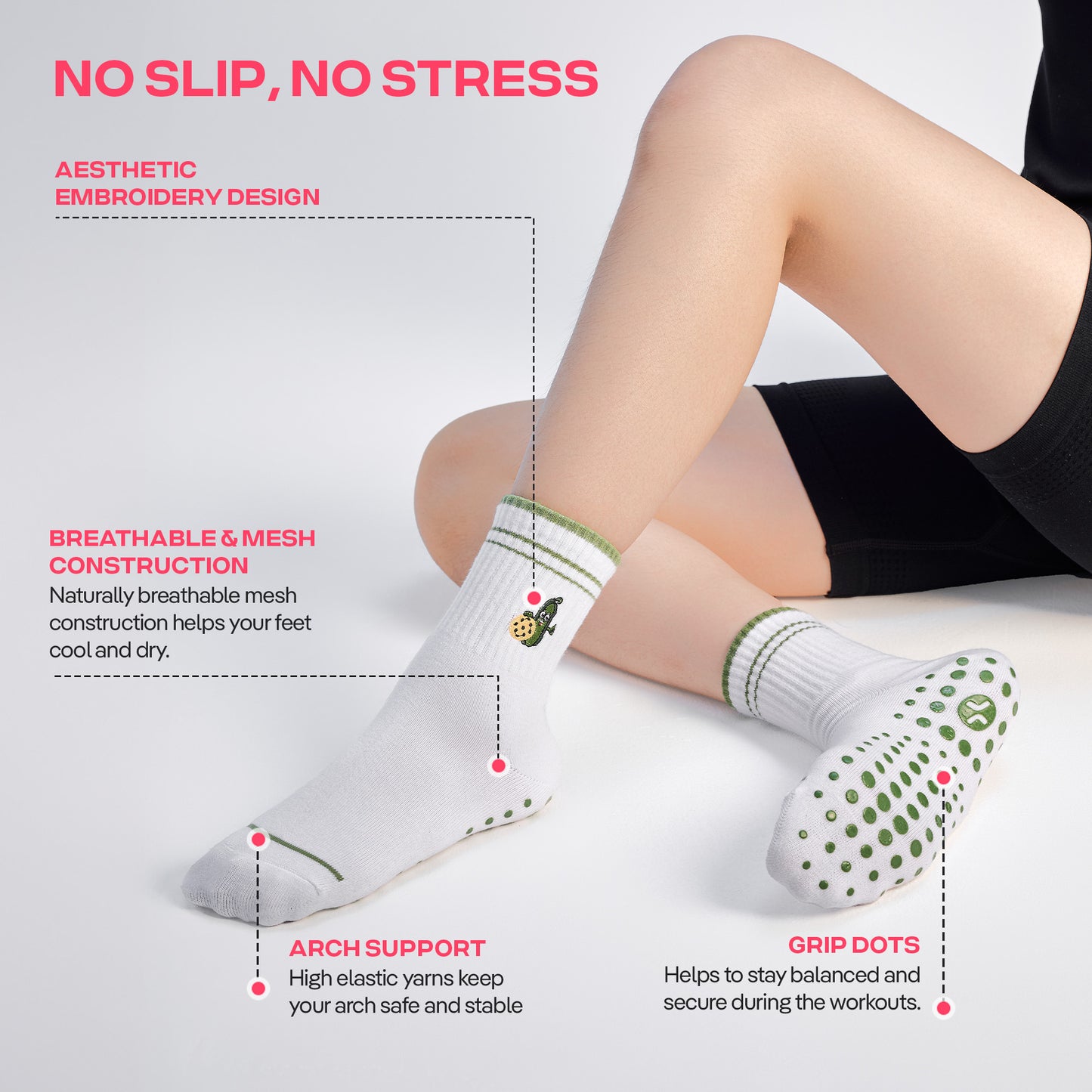 CoolMate Pilates Socks with Grips for Women, Yoga Socks, Crew Non Slip Women for Barre, Pilates Gifts (US, Numeric, 6, 10, Regular, Regular, E-04. 1 Pair Pickleball)