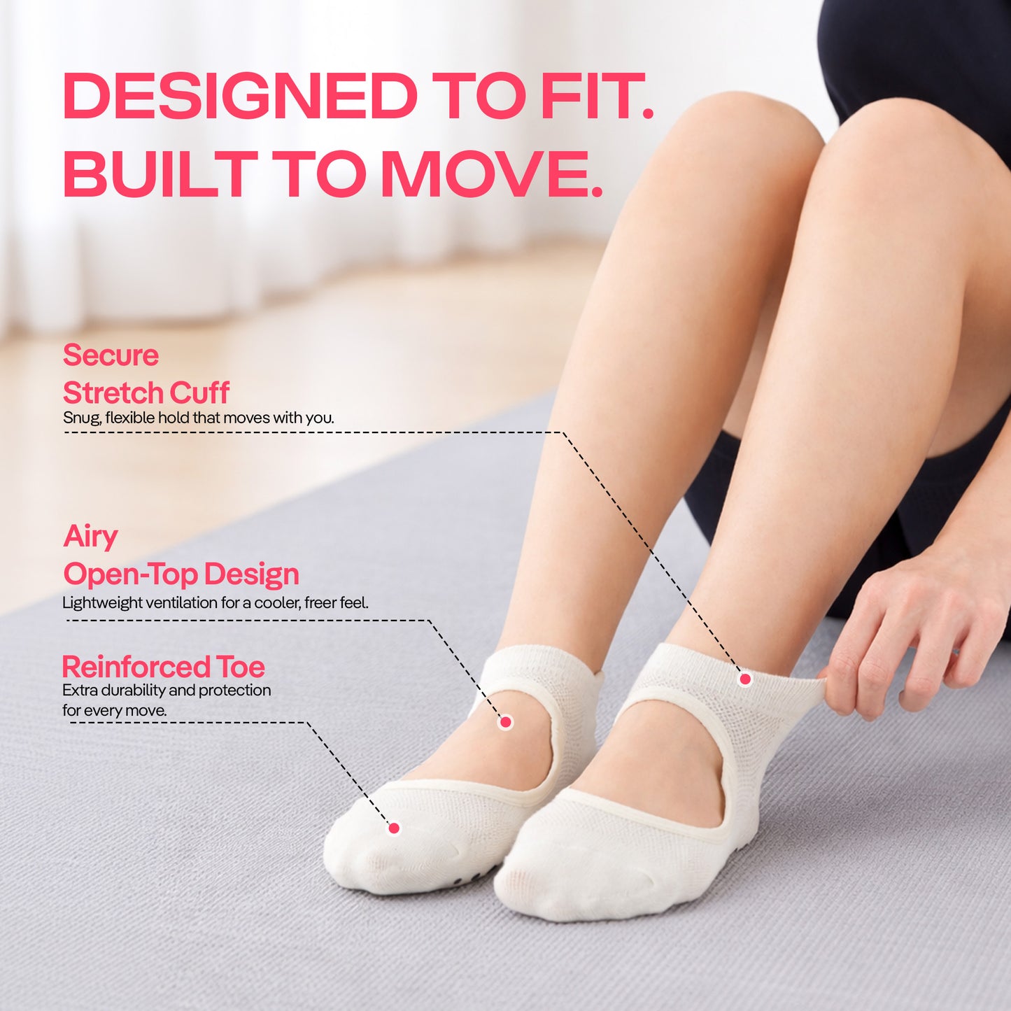 CoolMate Pilates Socks with Grips for Women, Yoga Socks, Crew Non Slip Women for Barre, Pilates Gifts (A-03f. 4 Pairs Open Top Red/Navy/Cream/Light Blue)
