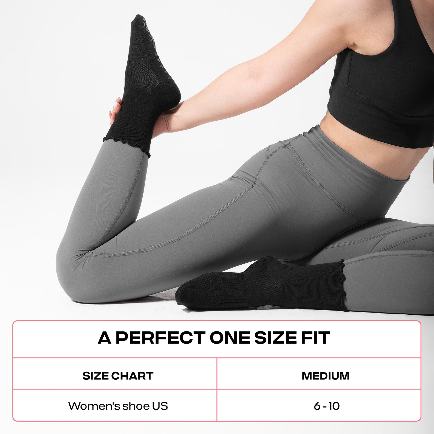 CoolMate Pilates Socks with Grips for Women, Yoga Socks, Crew Non Slip Women for Barre, Pilates Gifts (US, Numeric, 6, 10, Regular, Regular, A-06b. 2 Pairs Ruffle Black)