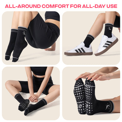 CoolMate Pilates Socks with Grips for Women, Yoga Socks, Crew Non Slip Women for Barre, Pilates Gifts (US, Numeric, 6, 10, Regular, Regular, E-13. 2 Pairs Moon Star Black/White)