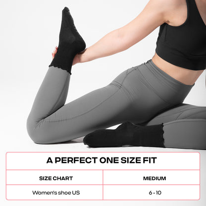 CoolMate Pilates Socks with Grips for Women, Yoga Socks, Crew Non Slip Women for Barre, Pilates Gifts (US, Numeric, 6, 10, Regular, Regular, A-06k. 3 Pairs Black Ruffle)