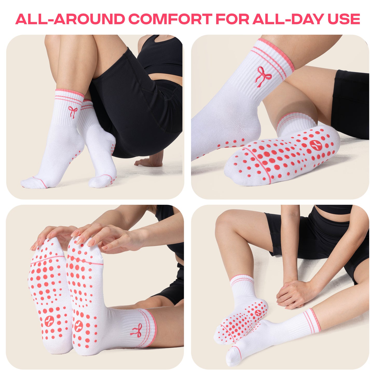 CoolMate Pilates Socks with Grips for Women, Yoga Socks, Crew Non Slip Women for Barre, Pilates Gifts (US, Numeric, 6, 10, Regular, Regular, E-15. 1 Pair Bow Tie)