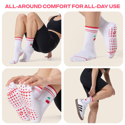 CoolMate Pilates Socks with Grips for Women, Yoga Socks, Crew Non Slip Women for Barre, Pilates Gifts (US, Numeric, 6, 10, Regular, Regular, E-10. 2 Pairs Cherry/Strawberry)