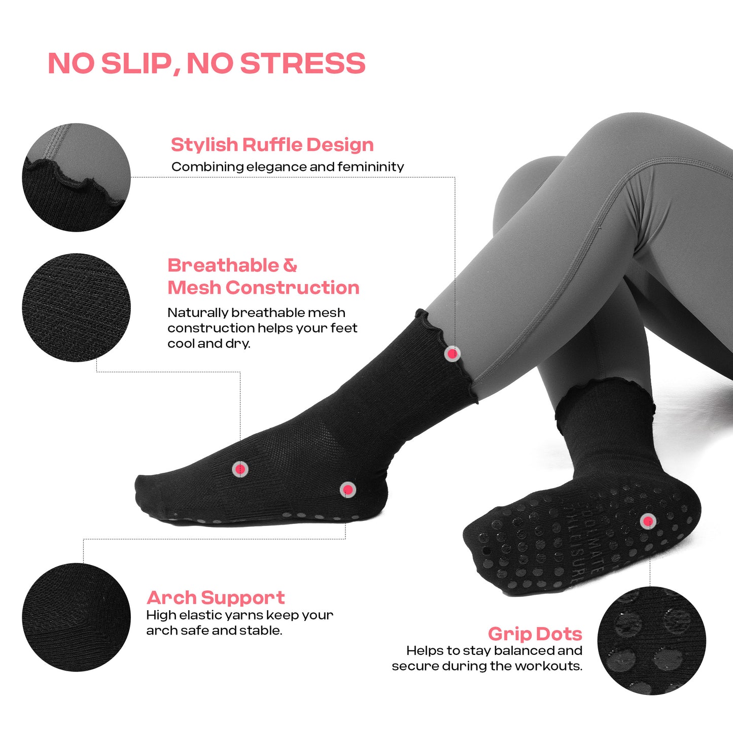 CoolMate Pilates Socks with Grips for Women, Yoga Socks, Crew Non Slip Women for Barre, Pilates Gifts (US, Numeric, 6, 10, Regular, Regular, A-06b. 2 Pairs Ruffle Black)