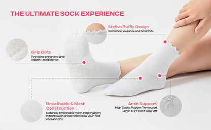 CoolMate Pilates Socks with Grips for Women, Yoga Socks, Crew Non Slip Women for Barre, Pilates Gifts (US, Numeric, 6, 10, Regular, Regular, A-06c. 3 Pairs Ruffle White)