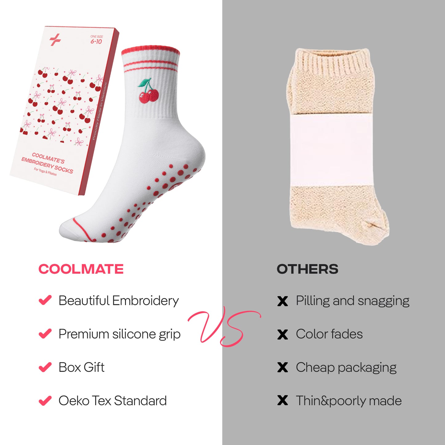 CoolMate Pilates Socks with Grips for Women, Yoga Socks, Crew Non Slip Women for Barre, Pilates Gifts (US, Numeric, 6, 10, Regular, Regular, E-11. 2 Pairs Cherry/Ribbon)