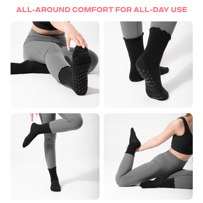 CoolMate Pilates Socks with Grips for Women, Yoga Socks, Crew Non Slip Women for Barre, Pilates Gifts (US, Numeric, 6, 10, Regular, Regular, A-06b. 2 Pairs Ruffle Black)