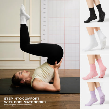 CoolMate Pilates Socks with Grips for Women, Yoga Socks, Crew Non Slip Women for Barre, Pilates Gifts (US, Numeric, 6, 10, Regular, Regular, A-06j. 4 Pairs Black/White/Light Purple/Pink Ruffle)