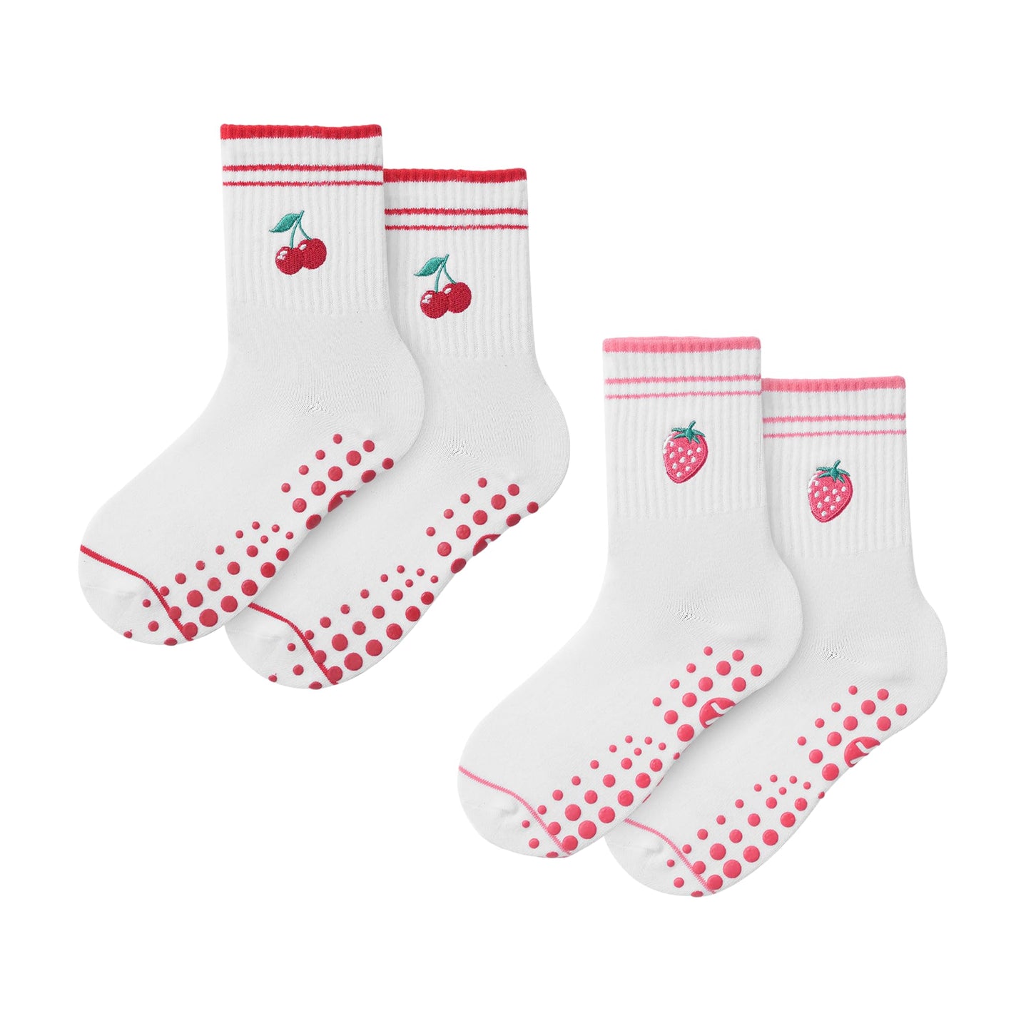 CoolMate Pilates Socks with Grips for Women, Yoga Socks, Crew Non Slip Women for Barre, Pilates Gifts (US, Numeric, 6, 10, Regular, Regular, E-10. 2 Pairs Cherry/Strawberry)