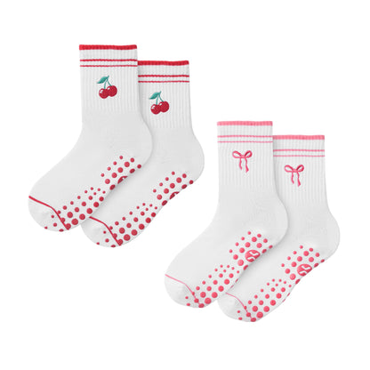 CoolMate Pilates Socks with Grips for Women, Yoga Socks, Crew Non Slip Women for Barre, Pilates Gifts (US, Numeric, 6, 10, Regular, Regular, E-11. 2 Pairs Cherry/Ribbon)