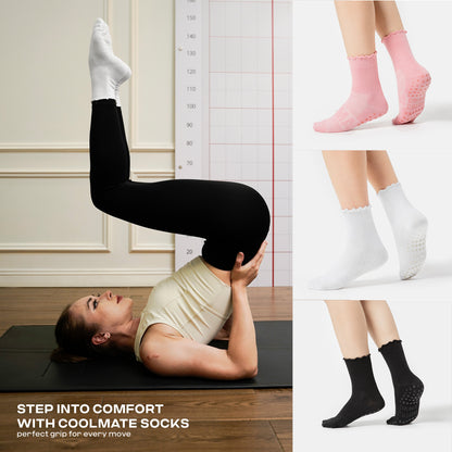 CoolMate Pilates Socks with Grips for Women, Yoga Socks, Crew Non Slip Women for Barre, Pilates Gifts (US, Numeric, 6, 10, Regular, Regular, A-06i. 3 Pairs Black/White/Pink Ruffle)