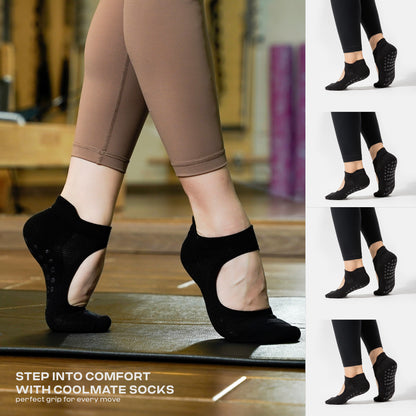 CoolMate Pilates Socks with Grips for Women, Yoga Socks, Crew Non Slip Women for Barre, Pilates Gifts (US, Numeric, 6, 10, Regular, Regular, A-07c. 2 Pairs Black)