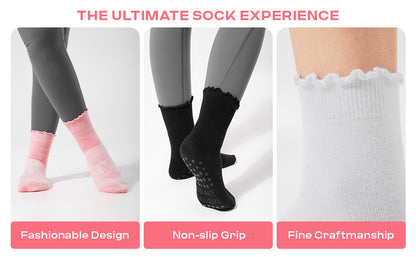 CoolMate Pilates Socks with Grips for Women, Yoga Socks, Crew Non Slip Women for Barre, Pilates Gifts (US, Numeric, 6, 10, Regular, Regular, A-06i. 3 Pairs Black/White/Pink Ruffle)