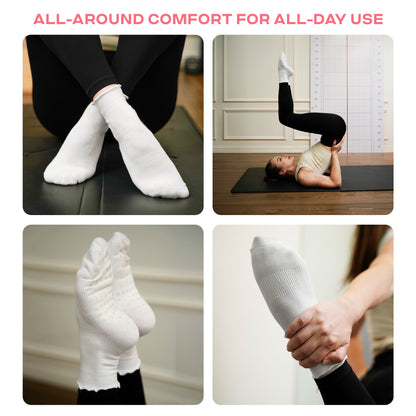 CoolMate Pilates Socks with Grips for Women, Yoga Socks, Crew Non Slip Women for Barre, Pilates Gifts (US, Numeric, 6, 10, Regular, Regular, A-06j. 4 Pairs Black/White/Light Purple/Pink Ruffle)
