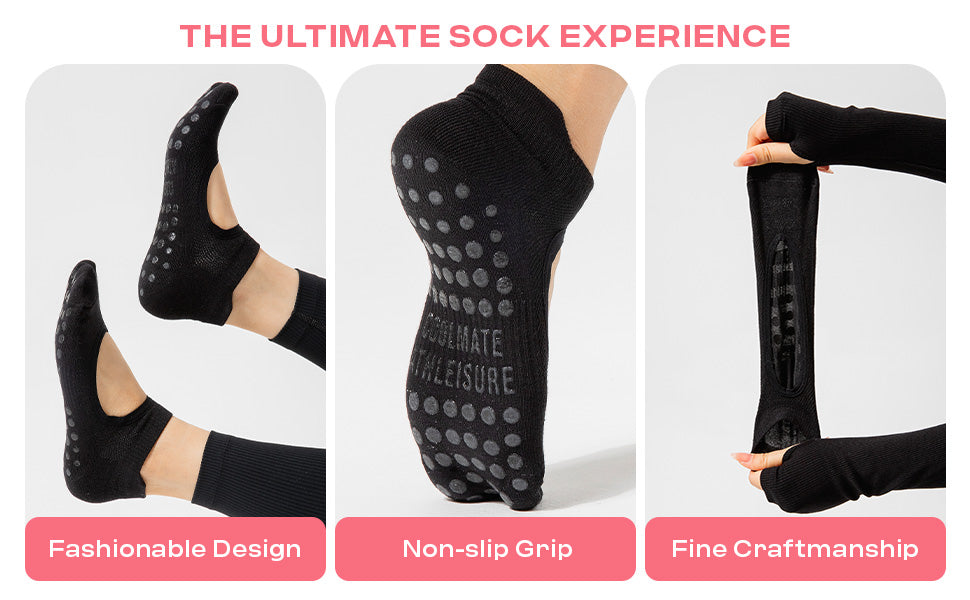 CoolMate Pilates Socks with Grips for Women, Yoga Socks, Crew Non Slip Women for Barre, Pilates Gifts (US, Numeric, 6, 10, Regular, Regular, A-07c. 2 Pairs Black)