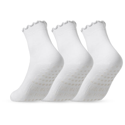 CoolMate Pilates Socks with Grips for Women, Yoga Socks, Crew Non Slip Women for Barre, Pilates Gifts (US, Numeric, 6, 10, Regular, Regular, A-06c. 3 Pairs Ruffle White)